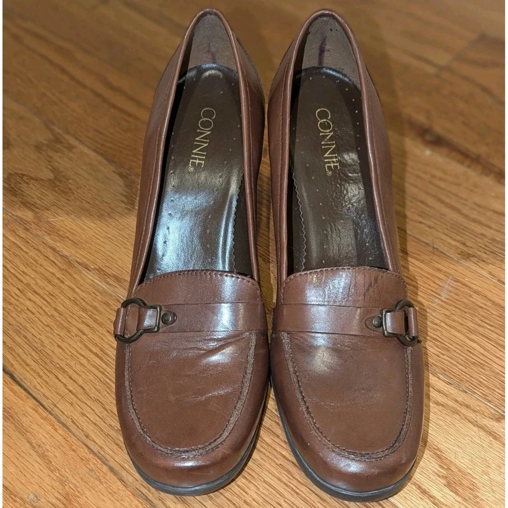 90s Dark Academia Loafer Heels Brown Leather Connie Womens 10M Y2K Kylie Pumps